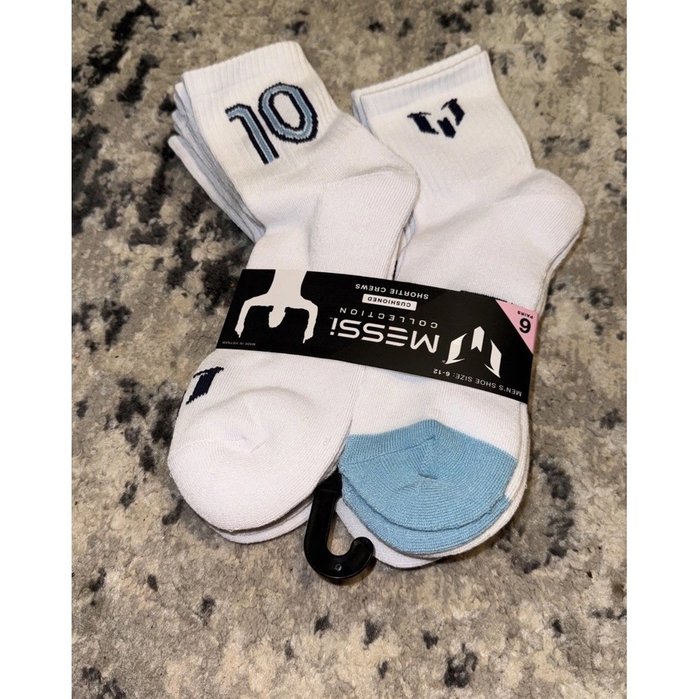 Messi Collection Socks Shortie Crew Socks 6 Pairs Mens Sz 6-12 White Blue New